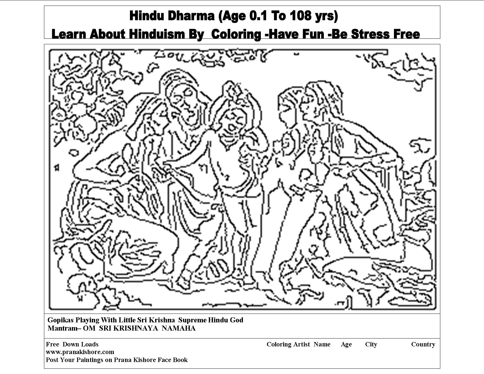 Hindu Dharma Coloring- Gopikas Playing With Little Krishna